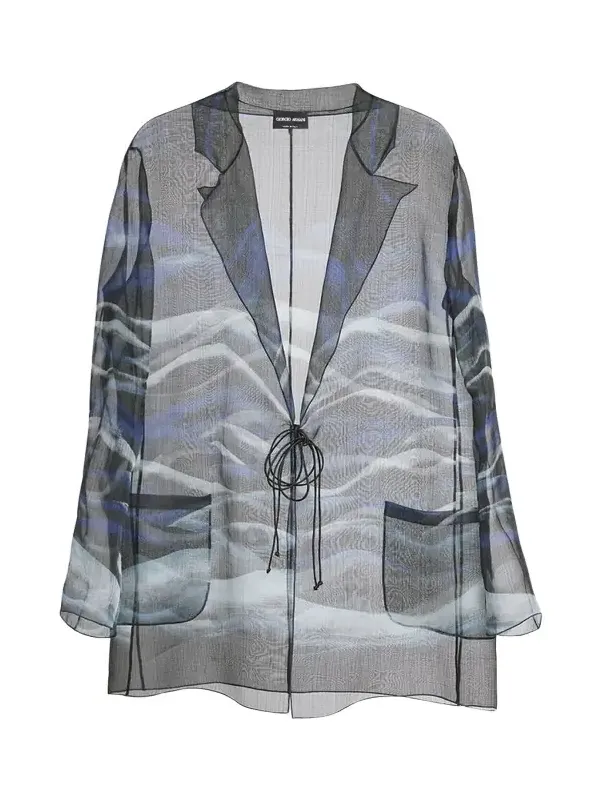 Night Water Print Self-Tie Silk Blouse Jacket