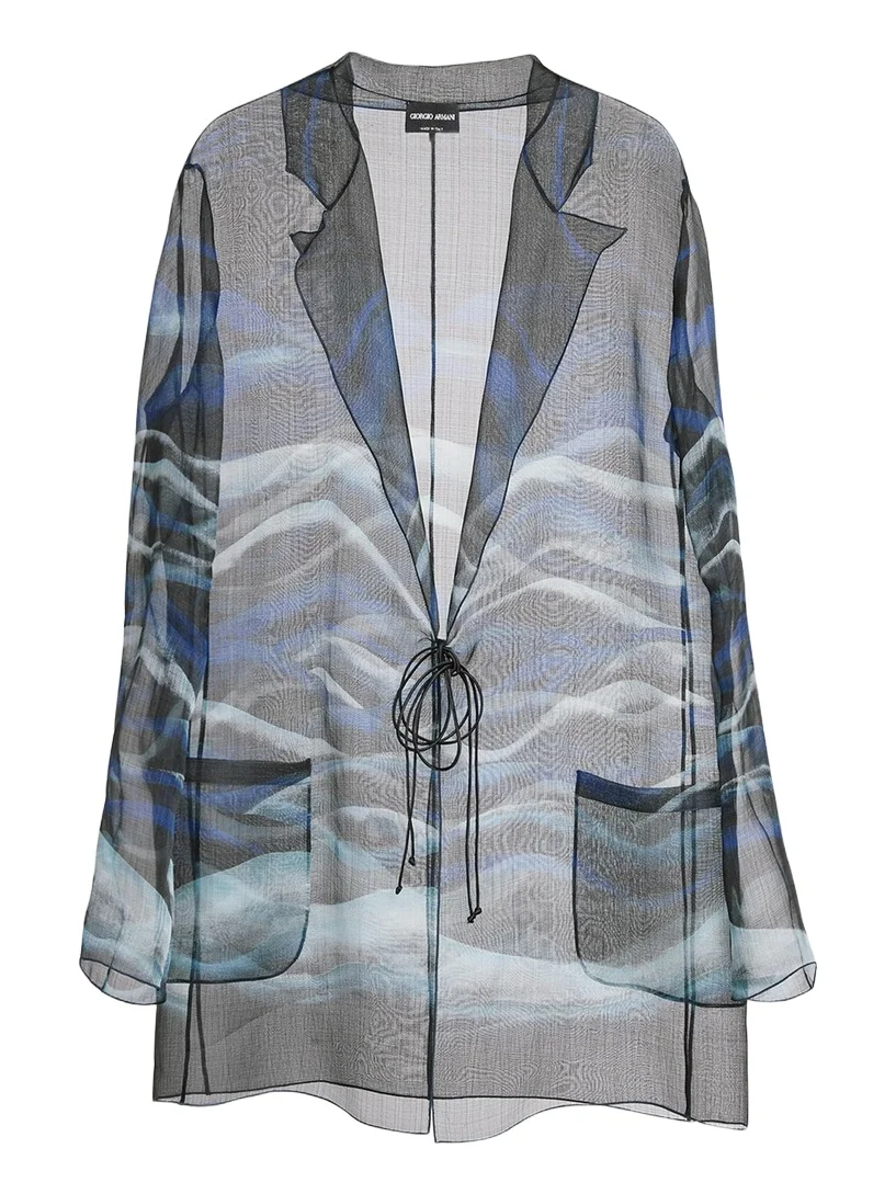 Giorgio Armani Night Water Print Self-Tie Silk Blouse Jacket