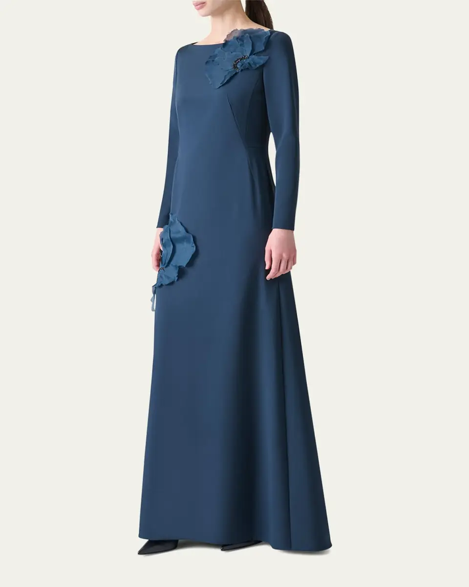 Akris Organza Anemone Corsage Long-Sleeve Crepe Gown | Thumbnail 4 Akris Organza Anemone Corsage Long-Sleeve Crepe Gown | Thumbnail 4