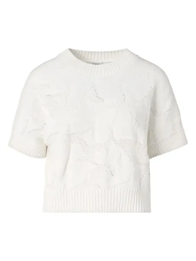 Chunky Flower Ajour Knit Short-Sleeve Sweater