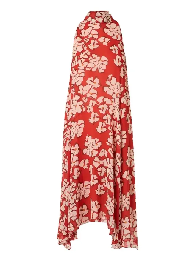 Mock-Neck Papercut Floral Print Viscose Georgette Midi Dress Mock-Neck Papercut Floral Print Viscose Georgette Midi Dress