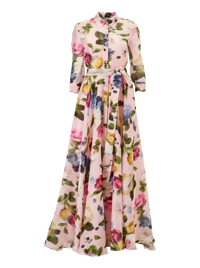 Floral Silk-Linen Belted Trench Gown Floral Silk-Linen Belted Trench Gown