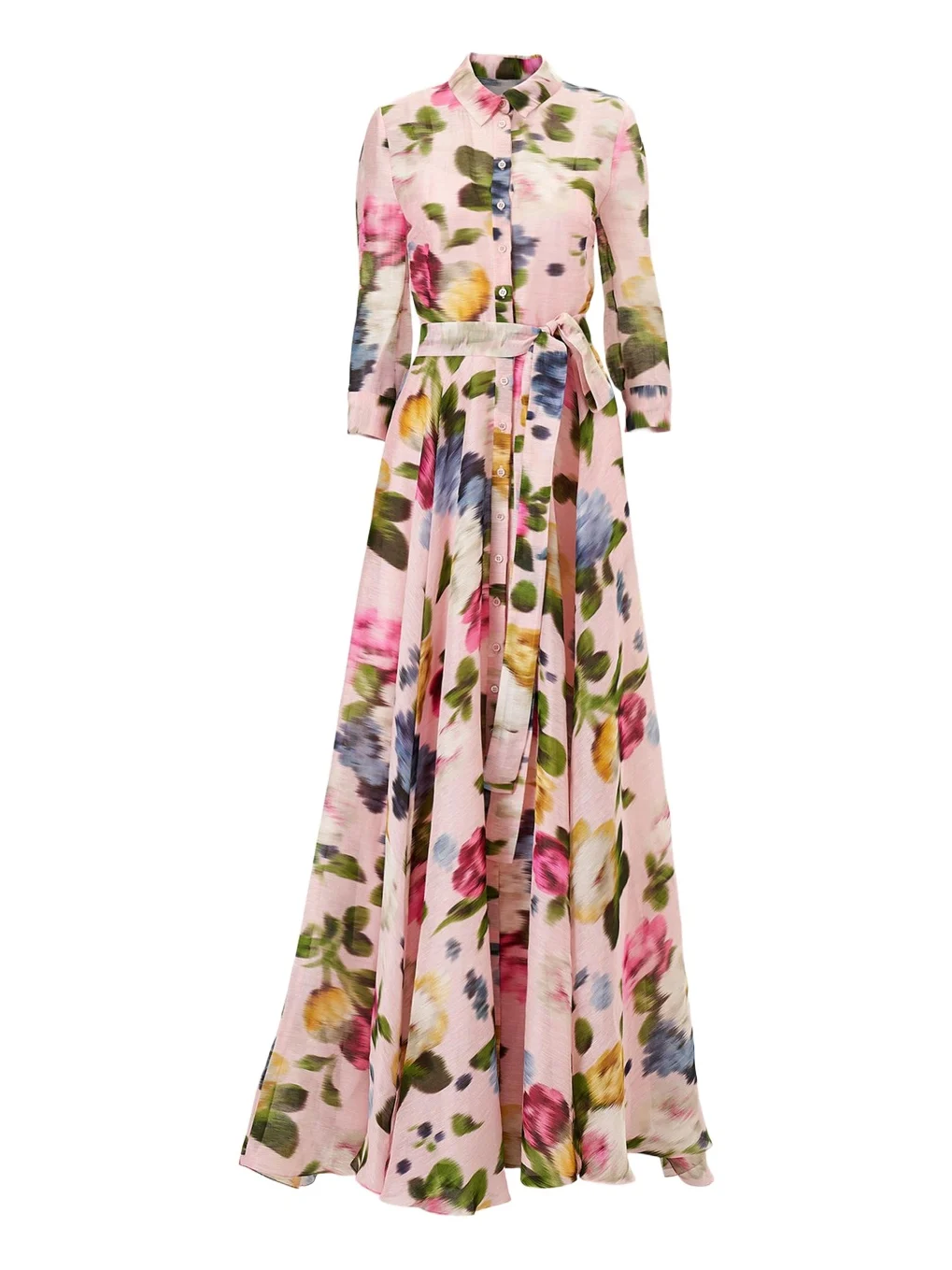 Floral Silk-Linen Belted Trench Gown Floral Silk-Linen Belted Trench Gown