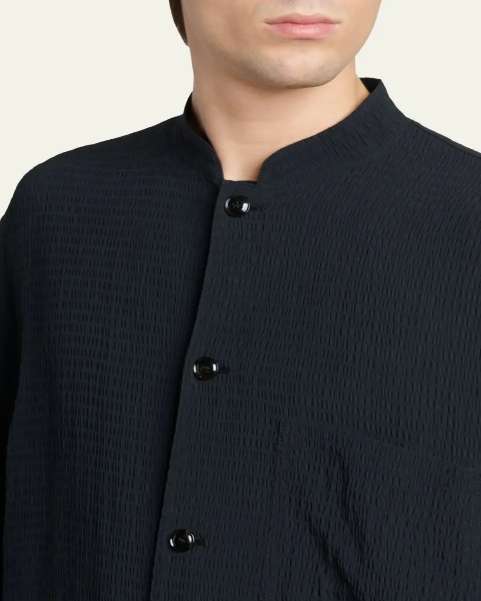 Giorgio Armani Men's Seersucker Band-Collar Guru Shirt | Thumbnail 5 Giorgio Armani Men's Seersucker Band-Collar Guru Shirt | Thumbnail 5