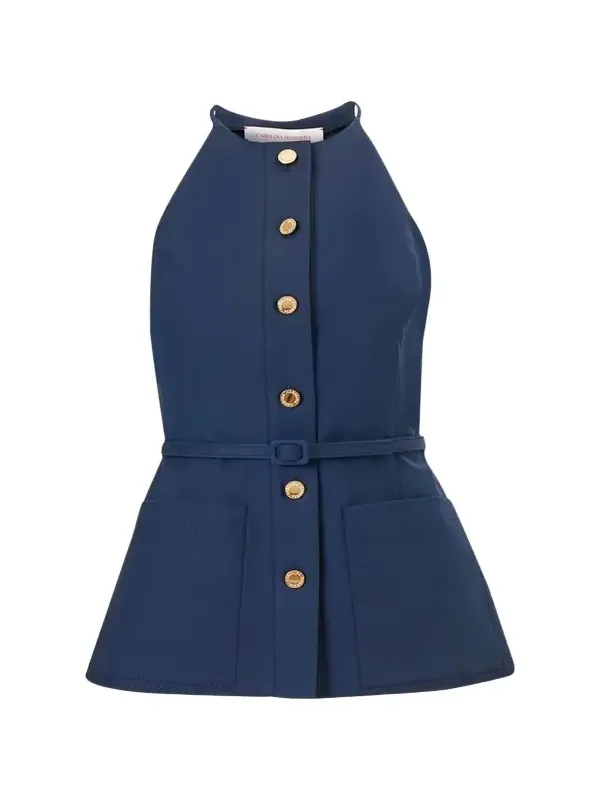 Carolina Herrera Button-Front Belted Halter Peplum Top
