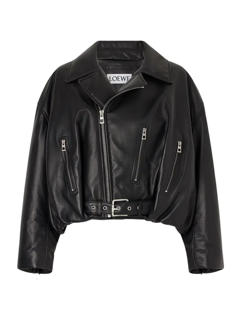 Cropped Buckled Leather Biker Jacket