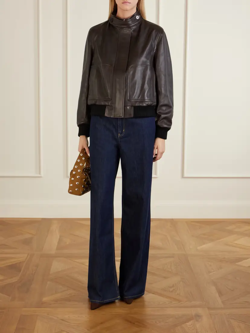 Nour Hammour Rios Ribbed Leather Bomber Jacket - Dark | Thumbnail 2