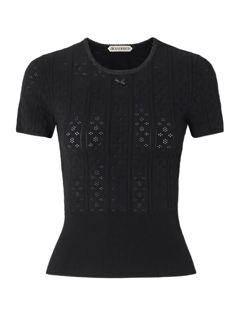 Bow-detailed Recycled Pointelle-knit T-shirt Bow-detailed Recycled Pointelle-knit T-shirt