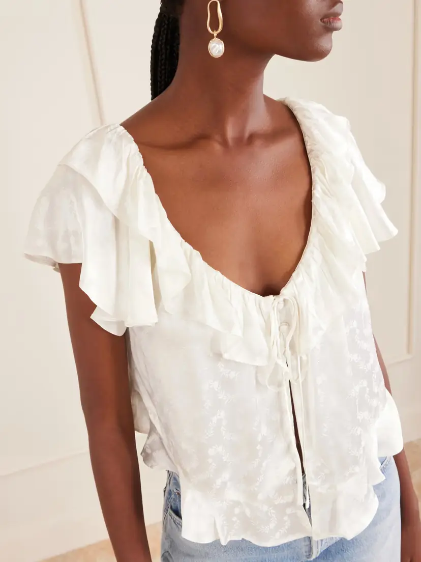 DÔEN Floriette Ruffled Satin-jacquard Blouse | Thumbnail 4