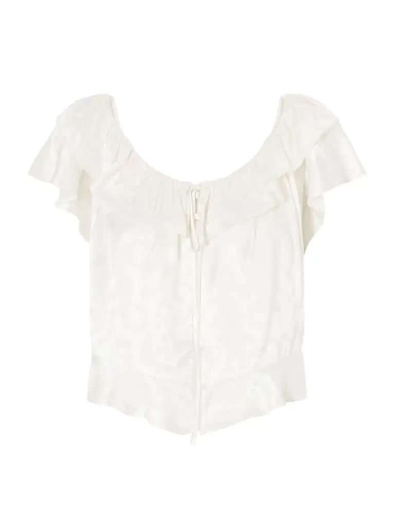 DÔEN Floriette Ruffled Satin-jacquard Blouse | Image 1 DÔEN Floriette Ruffled Satin-jacquard Blouse | Image 1