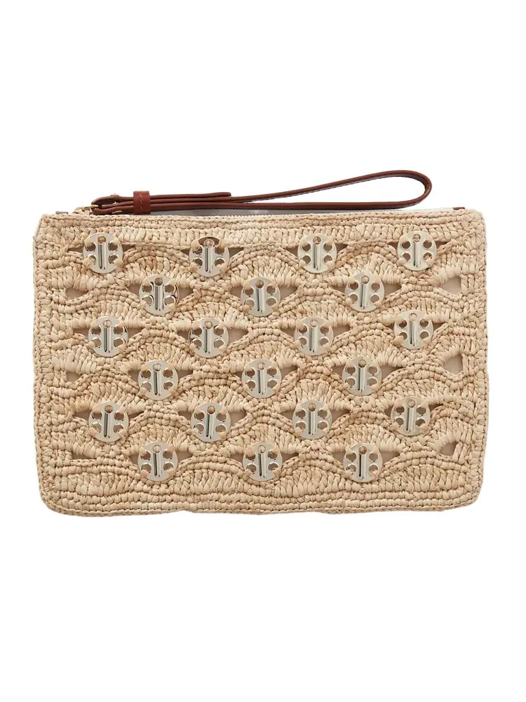 Rabanne Leather-trimmed Chainmail-embellished Raffia Pouch | Image 1 Rabanne Leather-trimmed Chainmail-embellished Raffia Pouch | Image 1
