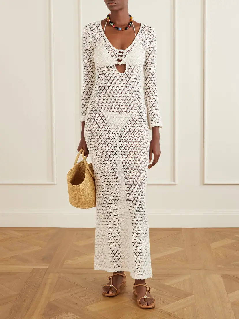 SARA CRISTINA Marina Pearl-embellished Crochet-knit Cotton Coverup | Thumbnail 2 SARA CRISTINA Marina Pearl-embellished Crochet-knit Cotton Coverup | Thumbnail 2