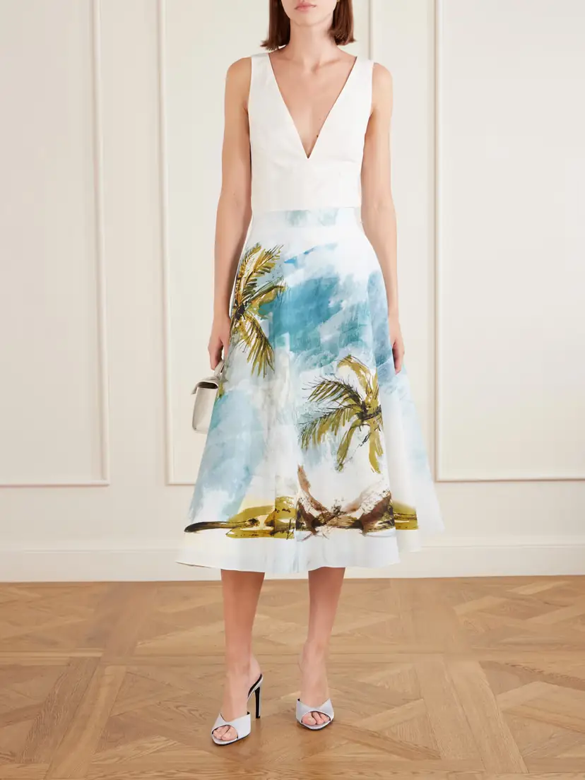Oscar de la Renta All Over Beach Printed Cotton-blend Poplin Midi Skirt | Thumbnail 2 Oscar de la Renta All Over Beach Printed Cotton-blend Poplin Midi Skirt | Thumbnail 2