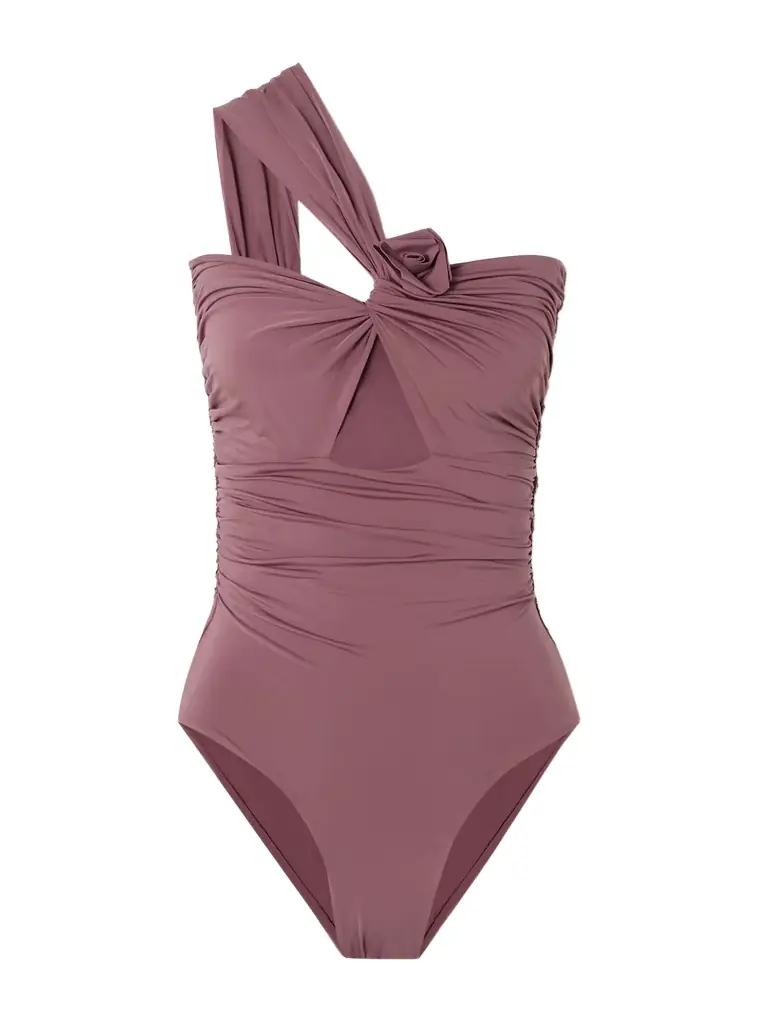 Maygel Coronel Rodríguez One-shoulder Appliquéd Ruched Cutout Swimsuit | Image 1 Maygel Coronel Rodríguez One-shoulder Appliquéd Ruched Cutout Swimsuit | Image 1