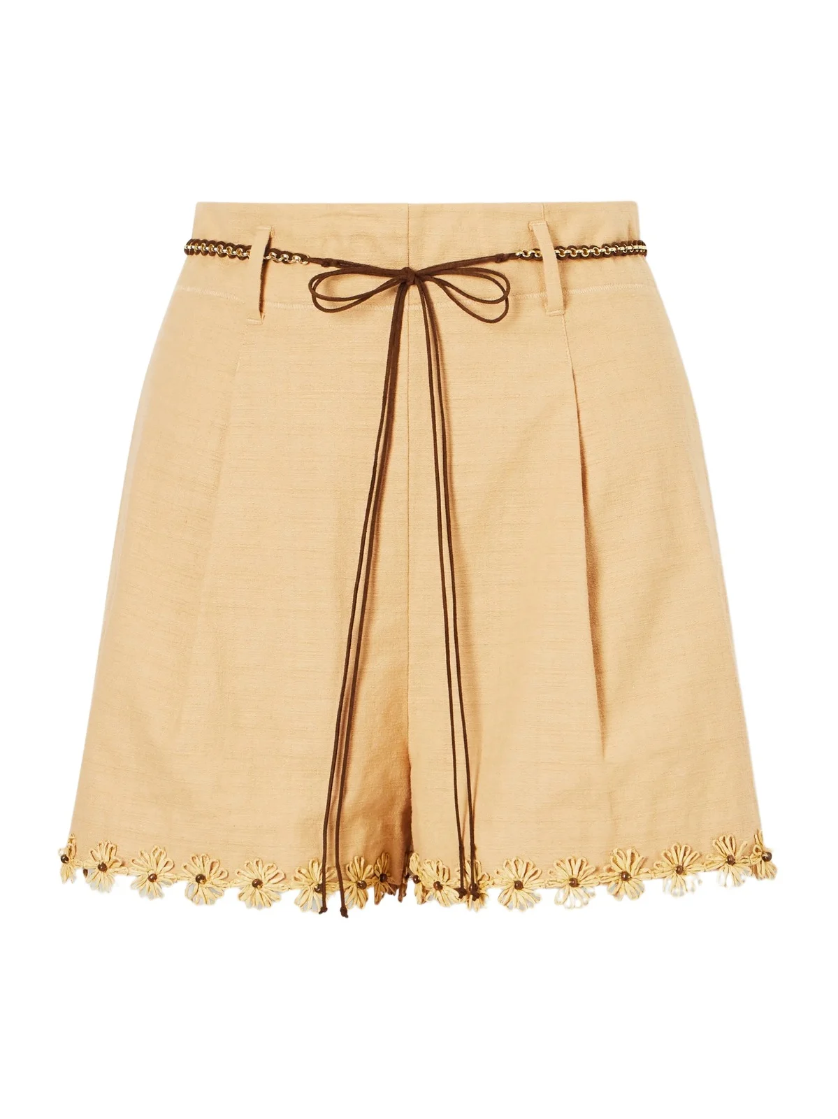 Mahon Flower Pleated Leather And Raffia-trimmed Cotton Shorts