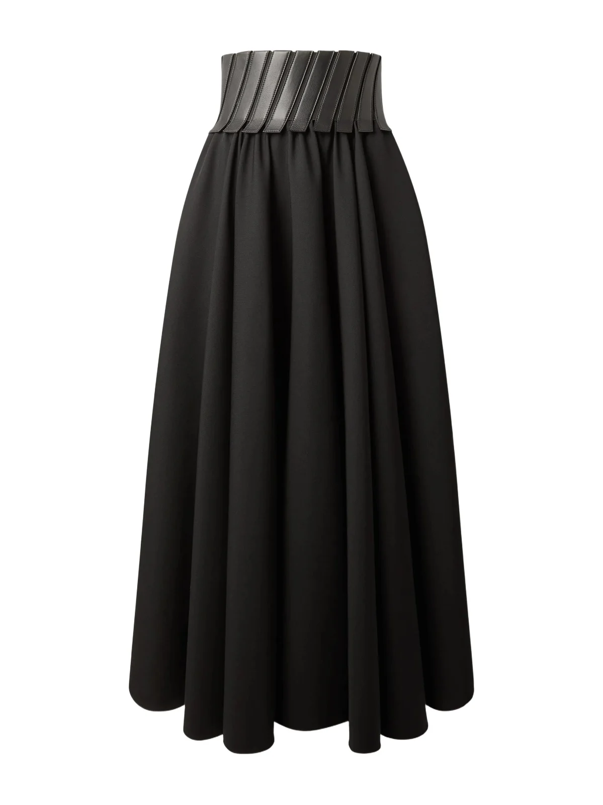 Leather-trimmed Wool-gabardine Midi Skirt