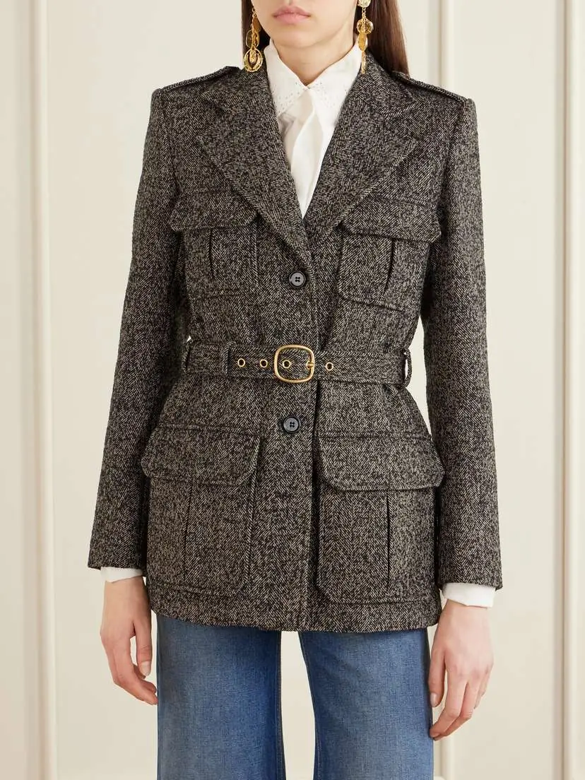 Chloé Belted Herringbone Wool-blend Jacket | Thumbnail 3 Chloé Belted Herringbone Wool-blend Jacket | Thumbnail 3