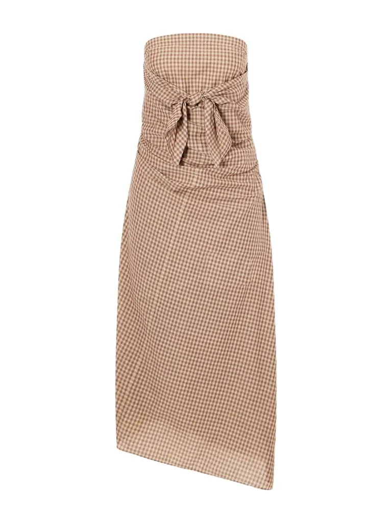 Sleeveless Knot-detailed Draped Checked Cotton Midi Dress