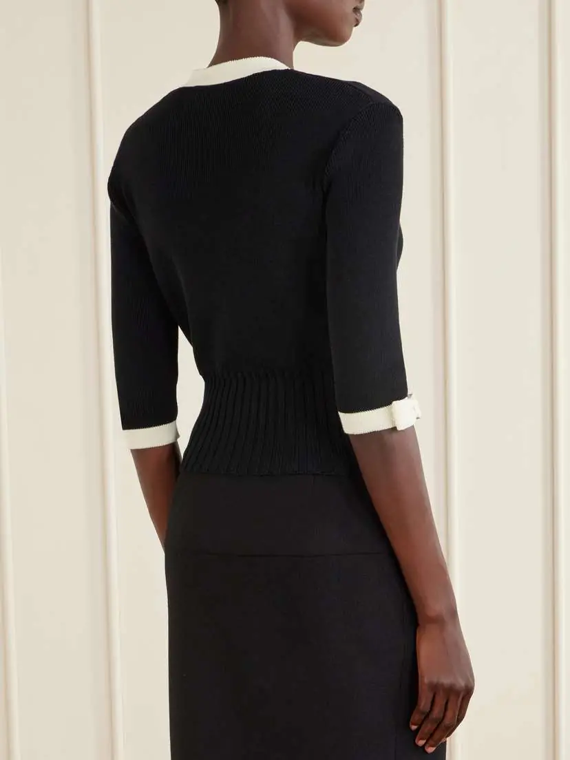 Valentino Garavani Cropped Bow-embellished Two-tone Ribbed-knit Cotton Cardigan | Thumbnail 3 Valentino Garavani Cropped Bow-embellished Two-tone Ribbed-knit Cotton Cardigan | Thumbnail 3