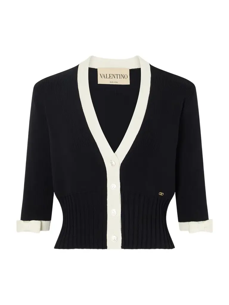 Cropped Bow-embellished Two-tone Ribbed-knit Cotton Cardigan Cropped Bow-embellished Two-tone Ribbed-knit Cotton Cardigan