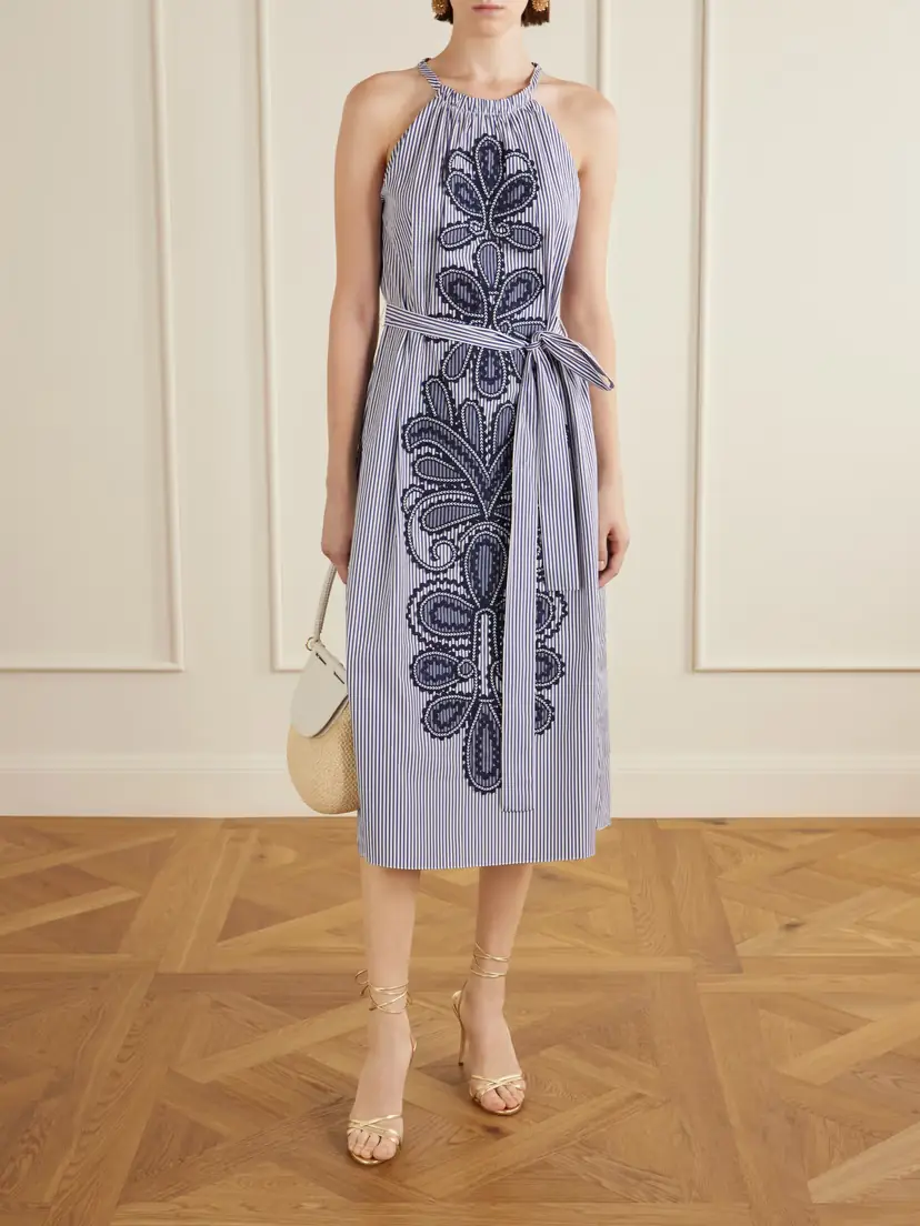Carolina Herrera Belted Striped Embroidered Cotton-poplin Halterneck Midi Dress | Thumbnail 2
