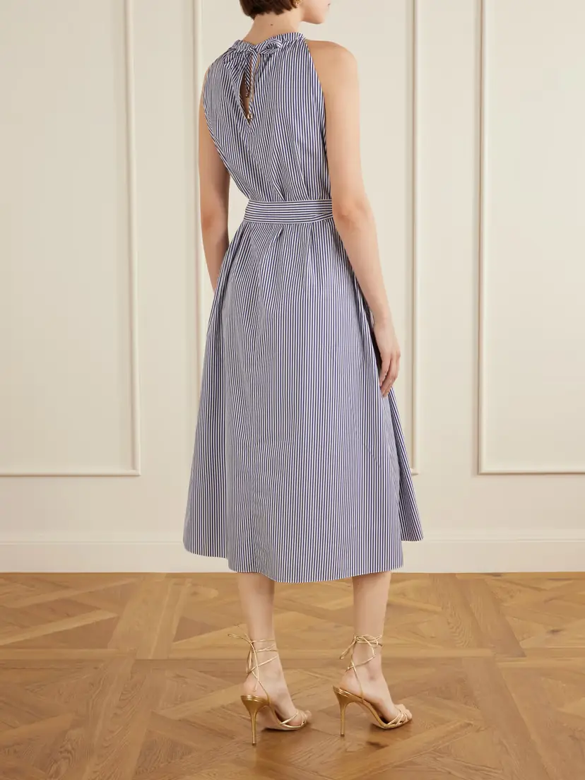 Carolina Herrera Belted Striped Embroidered Cotton-poplin Halterneck Midi Dress | Thumbnail 3