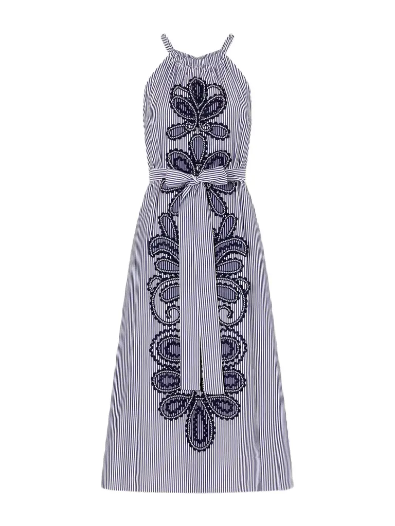 Belted Striped Embroidered Cotton-poplin Halterneck Midi Dress Belted Striped Embroidered Cotton-poplin Halterneck Midi Dress
