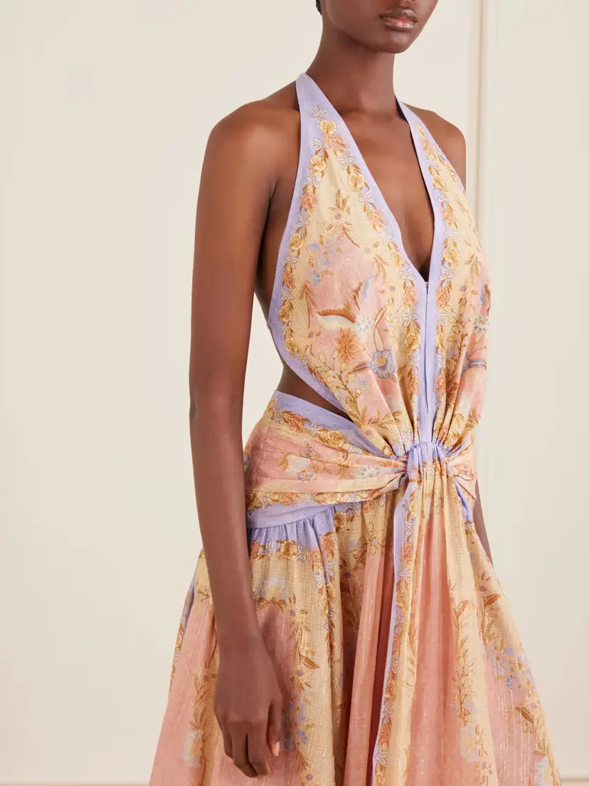 Zimmermann Indra Plunge Printed Metallic Cotton And Silk-blend Halterneck Maxi Dress | Thumbnail 4 Zimmermann Indra Plunge Printed Metallic Cotton And Silk-blend Halterneck Maxi Dress | Thumbnail 4