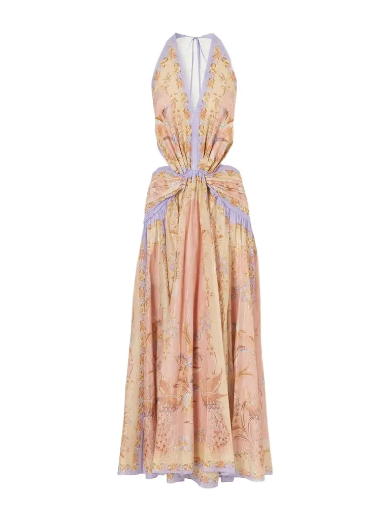 Indra Plunge Printed Metallic Cotton And Silk-blend Halterneck Maxi Dress Indra Plunge Printed Metallic Cotton And Silk-blend Halterneck Maxi Dress