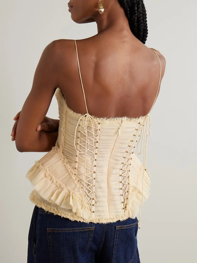 Zimmermann Rebellion Embellished Lace-up Frayed Ruched Silk Peplum Top | Thumbnail 3 Zimmermann Rebellion Embellished Lace-up Frayed Ruched Silk Peplum Top | Thumbnail 3