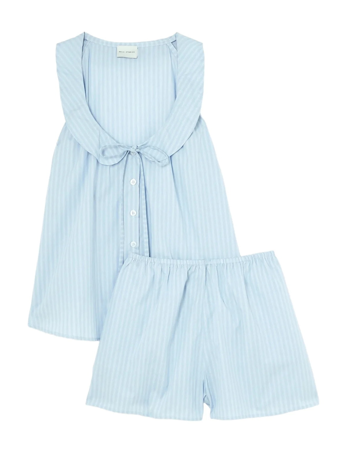 Deiji Studios Round Collar Tie-detailed Striped Organic Cotton Shirt And Shorts Set - Blue