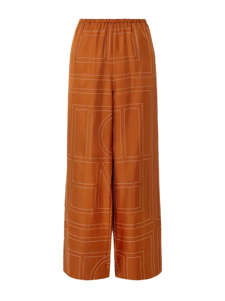Embroidered Silk-twill Wide-leg Pants