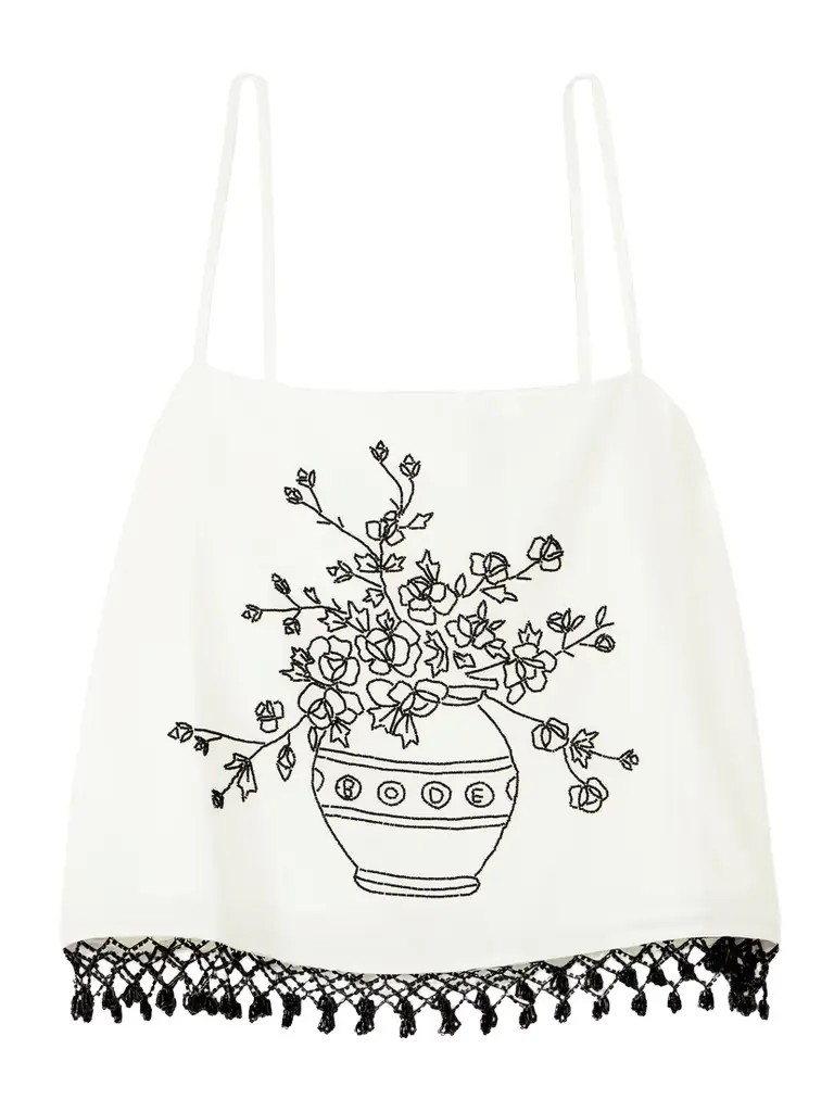 BODE Rosebloom Cropped Bead-embellished Fringed Cotton And Silk-blend Top | Image 1 BODE Rosebloom Cropped Bead-embellished Fringed Cotton And Silk-blend Top | Image 1