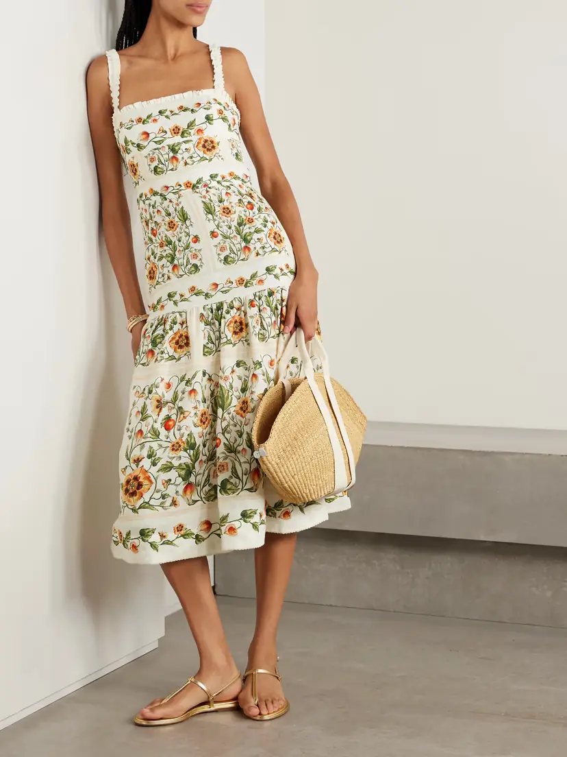 Agua by Agua Bendita Nispero Tiered Embroidered Printed Linen Midi Dress | Thumbnail 2