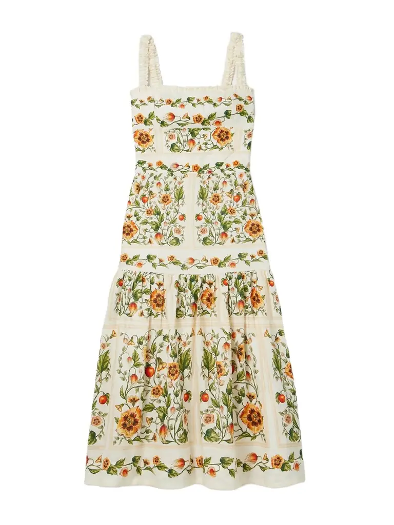 Agua by Agua Bendita Nispero Tiered Embroidered Printed Linen Midi Dress | Image 1 Agua by Agua Bendita Nispero Tiered Embroidered Printed Linen Midi Dress | Image 1