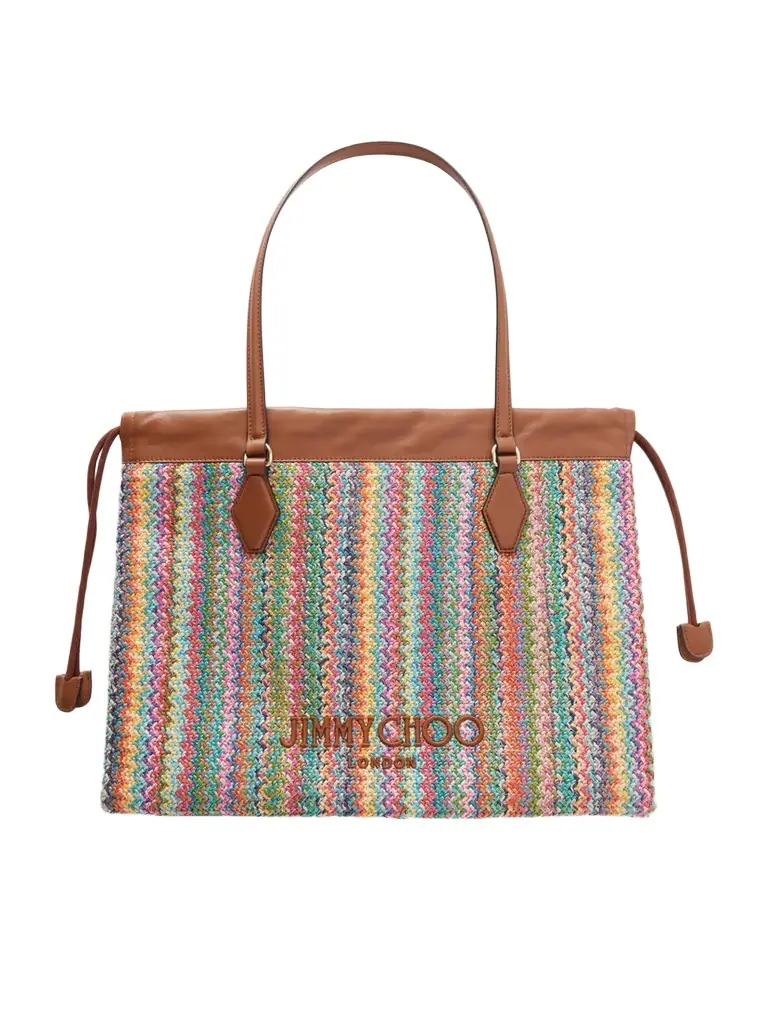 Jimmy Choo Leather-trimmed Striped Raffia Tote Bag | Image 1 Jimmy Choo Leather-trimmed Striped Raffia Tote Bag | Image 1