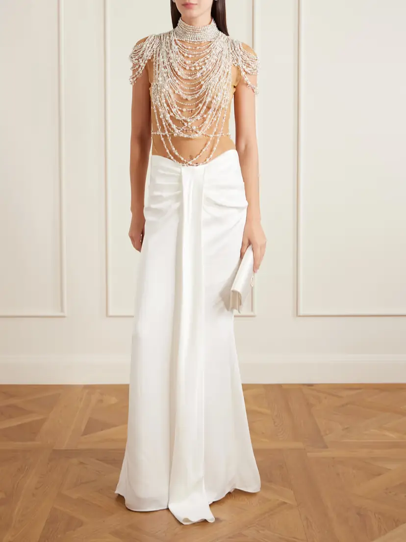 Clio Peppiatt Zsa Zsa Draped Gathered Embellished Mesh And Satin Gown - White | Thumbnail 2 Clio Peppiatt Zsa Zsa Draped Gathered Embellished Mesh And Satin Gown - White | Thumbnail 2