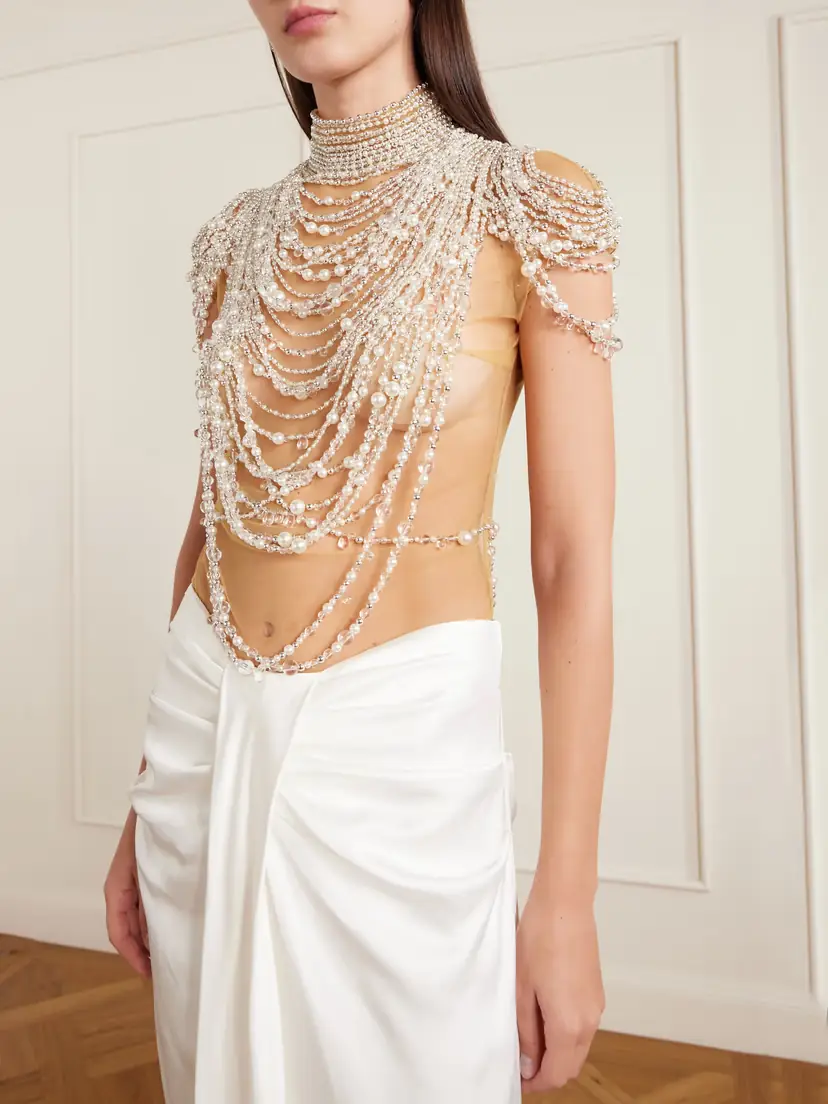 Clio Peppiatt Zsa Zsa Draped Gathered Embellished Mesh And Satin Gown - White | Thumbnail 3 Clio Peppiatt Zsa Zsa Draped Gathered Embellished Mesh And Satin Gown - White | Thumbnail 3