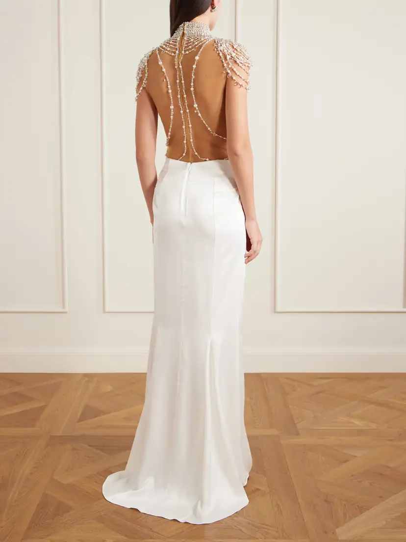 Clio Peppiatt Zsa Zsa Draped Gathered Embellished Mesh And Satin Gown - White | Thumbnail 4 Clio Peppiatt Zsa Zsa Draped Gathered Embellished Mesh And Satin Gown - White | Thumbnail 4