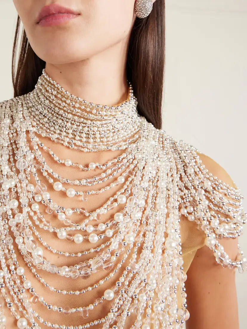 Clio Peppiatt Zsa Zsa Draped Gathered Embellished Mesh And Satin Gown - White | Thumbnail 5 Clio Peppiatt Zsa Zsa Draped Gathered Embellished Mesh And Satin Gown - White | Thumbnail 5