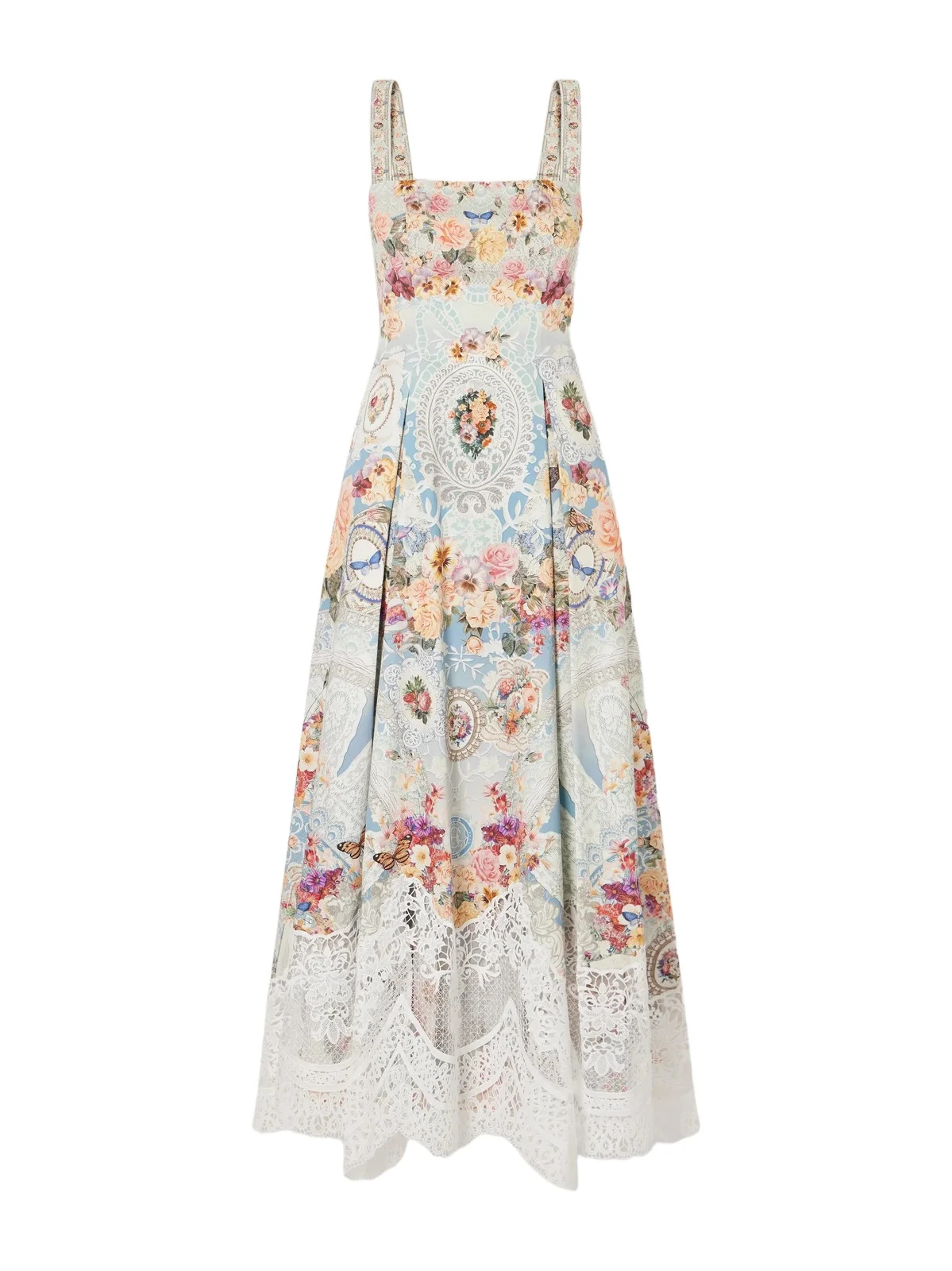 Printed Lace-trimmed Cotton-blend Midi Dress