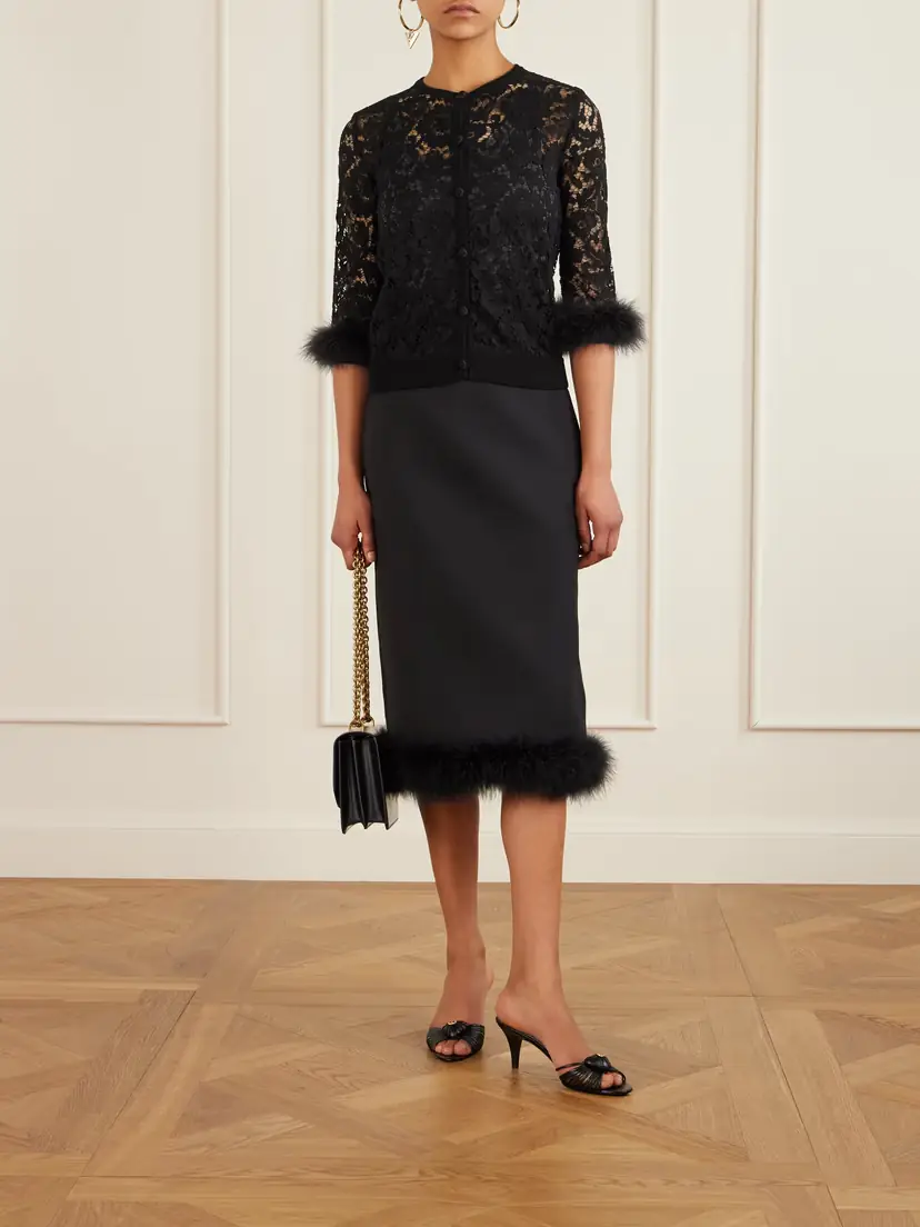 Valentino Garavani Feather-trimmed Cotton Corded Lace Cardigan | Thumbnail 2 Valentino Garavani Feather-trimmed Cotton Corded Lace Cardigan | Thumbnail 2