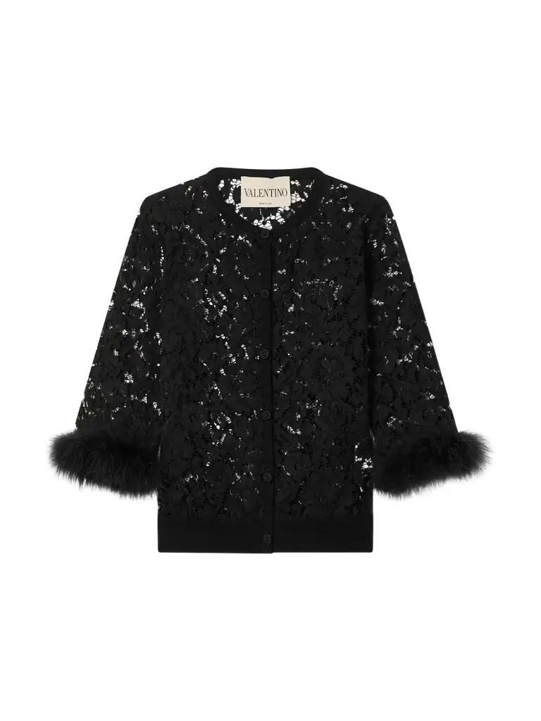 Feather-trimmed Cotton Corded Lace Cardigan Feather-trimmed Cotton Corded Lace Cardigan