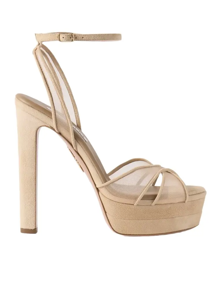 Aquazzura Divine Plateau 130 Suede And Tulle Platform Sandals | Image 1 Aquazzura Divine Plateau 130 Suede And Tulle Platform Sandals | Image 1