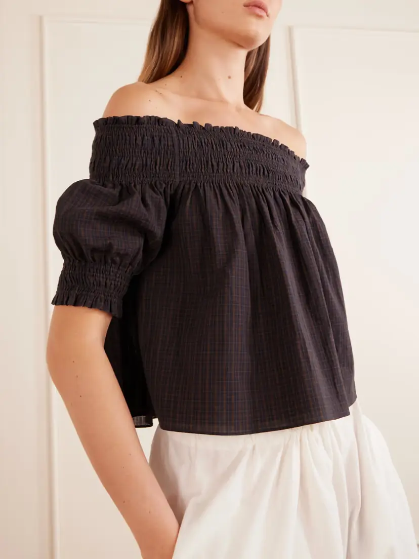 Matteau Shirred Off-the-shoulder Checked Cotton Blouse | Thumbnail 4 Matteau Shirred Off-the-shoulder Checked Cotton Blouse | Thumbnail 4