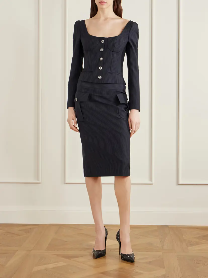 Alexander McQueen Pinstriped Wool And Mohair-blend Midi Skirt | Thumbnail 2 Alexander McQueen Pinstriped Wool And Mohair-blend Midi Skirt | Thumbnail 2