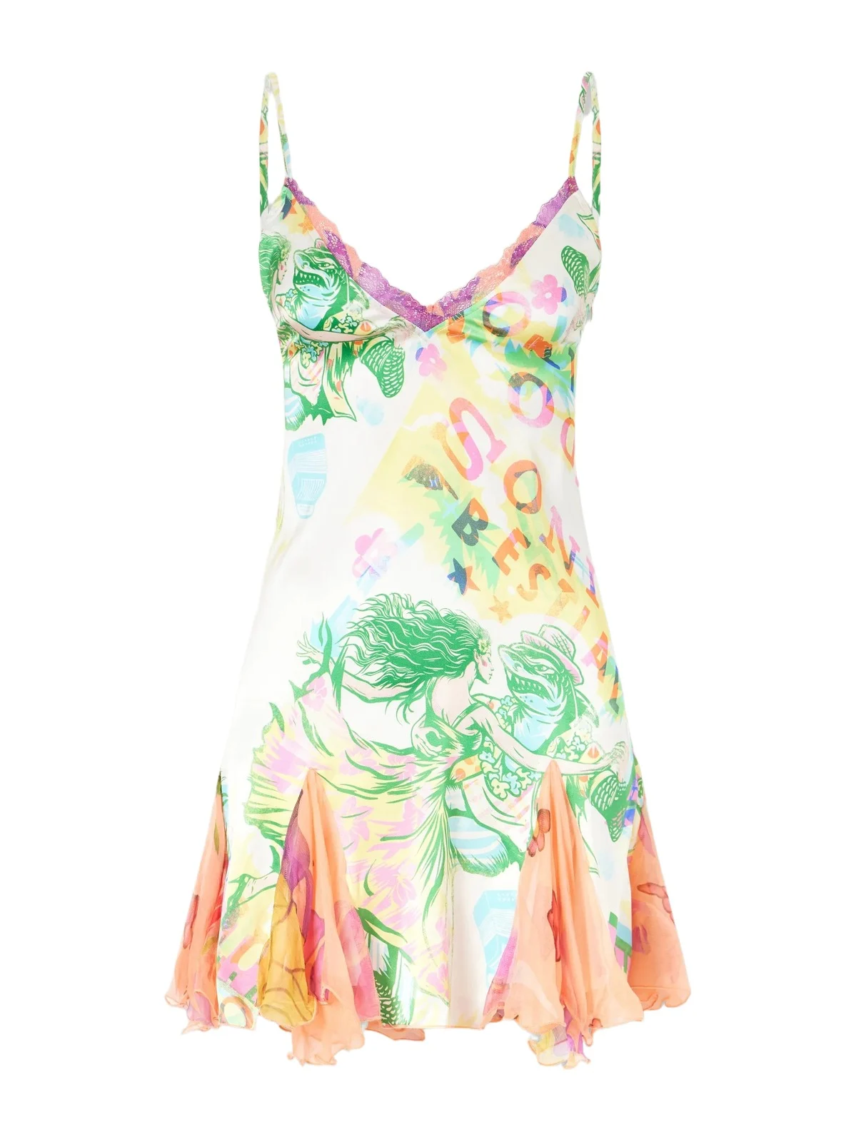 Sonido Bestial Ruffled Lace-trimmed Printed Silk-blend Satin And Chiffon Mini Dress Sonido Bestial Ruffled Lace-trimmed Printed Silk-blend Satin And Chiffon Mini Dress