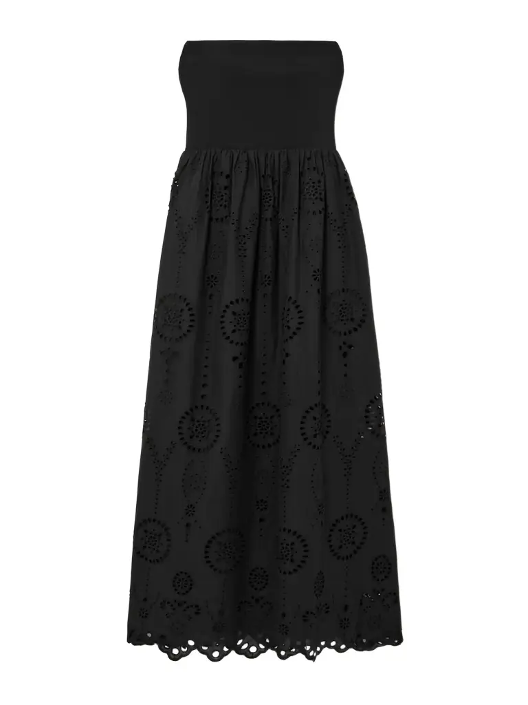 Matteau Strapless Broderie Anglaise Organic Cotton And Stretch-knit Midi Dress | Image 1 Matteau Strapless Broderie Anglaise Organic Cotton And Stretch-knit Midi Dress | Image 1