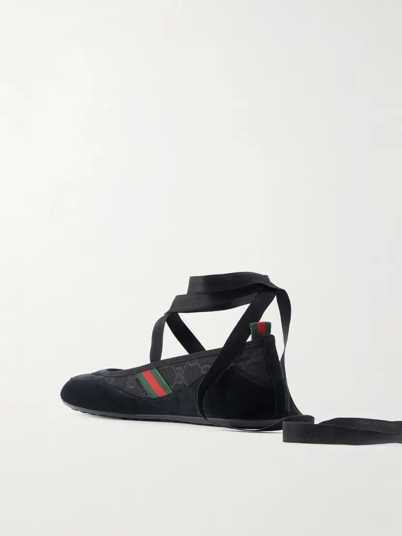 Gucci Embellished Webbing-trimmed Canvas And Suede Ballet Flats | Thumbnail 3 Gucci Embellished Webbing-trimmed Canvas And Suede Ballet Flats | Thumbnail 3
