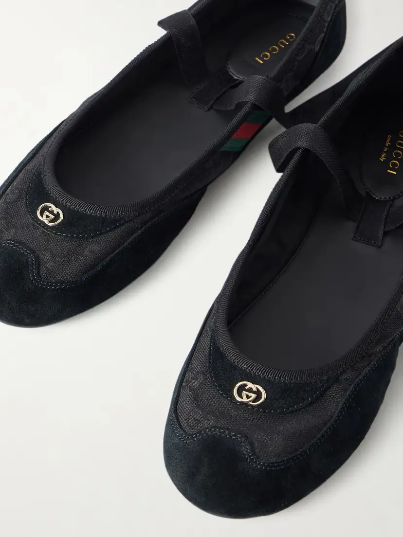 Gucci Embellished Webbing-trimmed Canvas And Suede Ballet Flats | Thumbnail 5 Gucci Embellished Webbing-trimmed Canvas And Suede Ballet Flats | Thumbnail 5